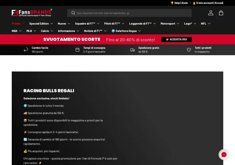 Schermata della pagina offerta di FansBRANDS