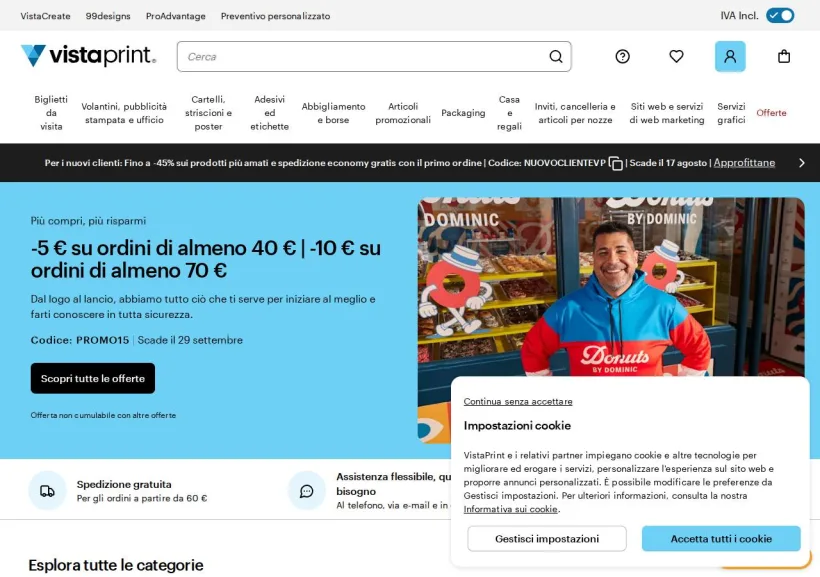 Schermata della pagina offerta di Vistaprint