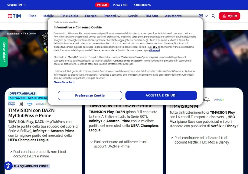 Schermata della pagina offerta di TIM