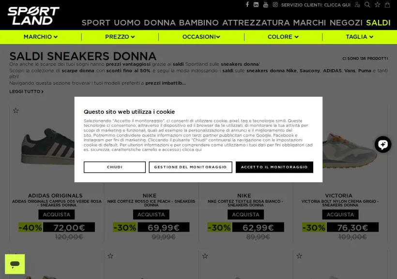 Schermata della pagina offerta di Sportland