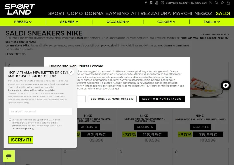 Schermata della pagina offerta di Sportland