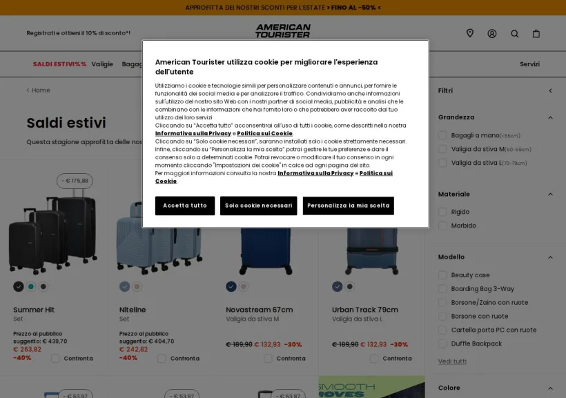 Schermata della pagina offerta di American Tourister