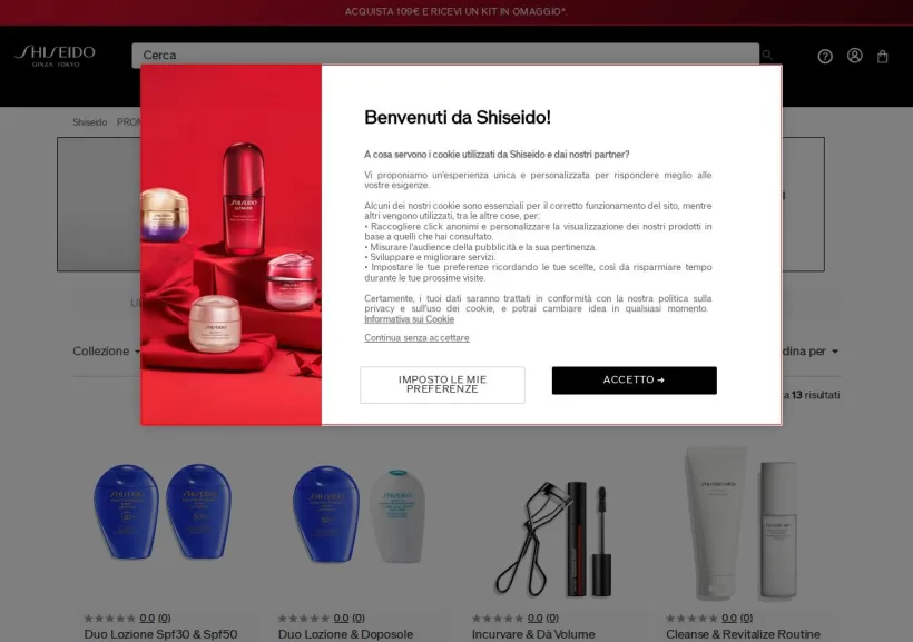 Schermata della pagina offerta di Shiseido