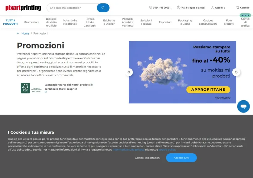 Schermata della pagina offerta di Pixartprinting