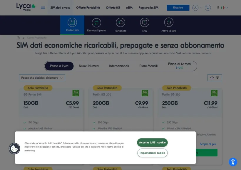 Schermata della pagina offerta di Lycamobile