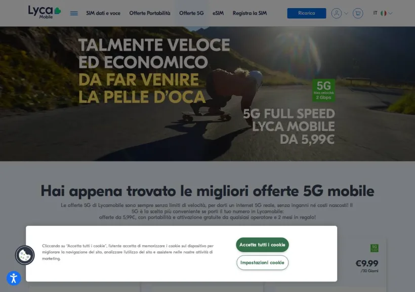 Schermata della pagina offerta di Lycamobile