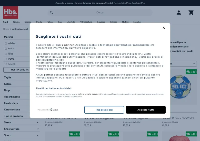 Schermata della pagina offerta di Handball-Store