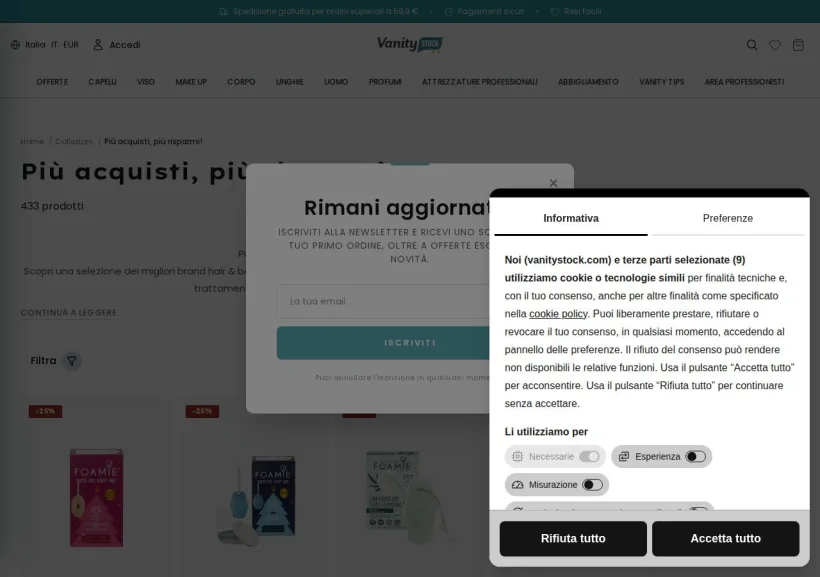 Schermata della pagina offerta di VanityStock.com