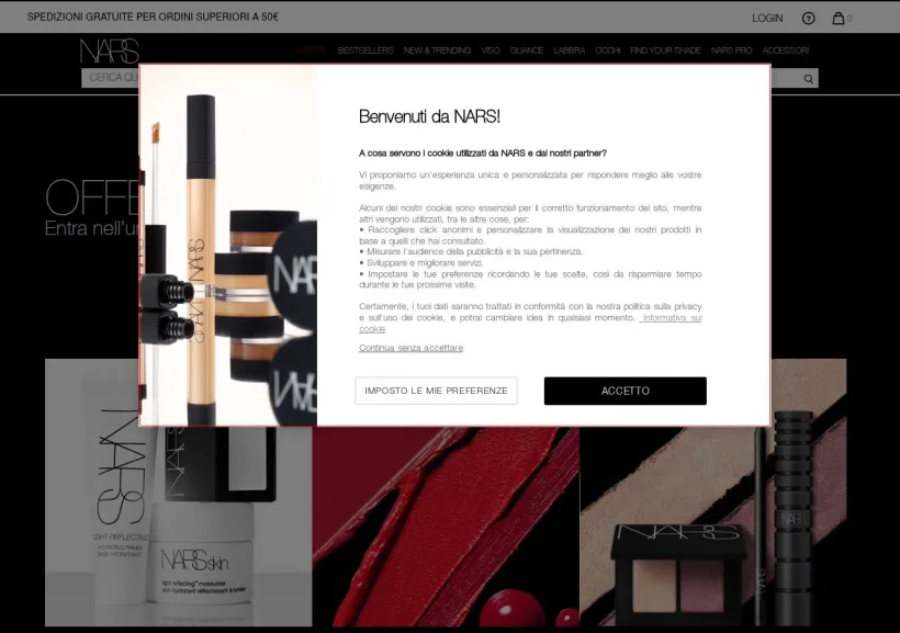 Schermata della pagina offerta di NARS