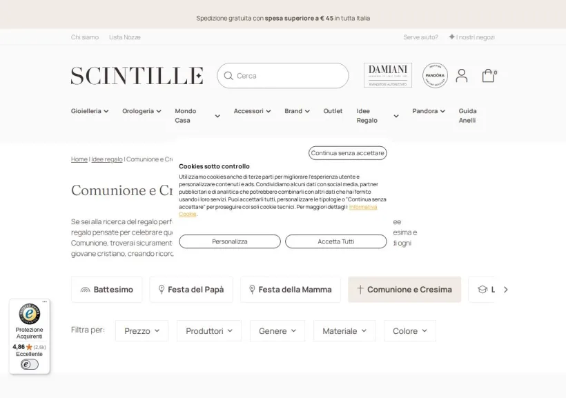 Schermata della pagina offerta di SCINTILLE