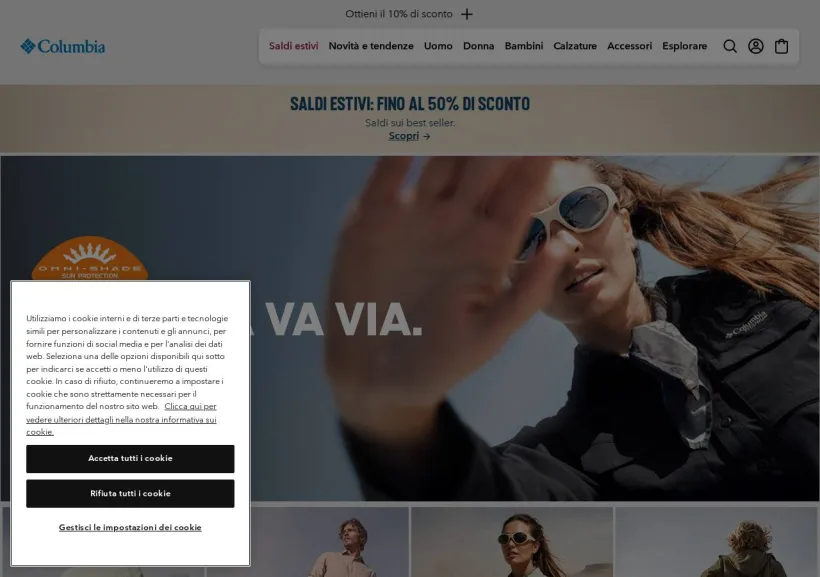 Schermata della pagina offerta di Columbia