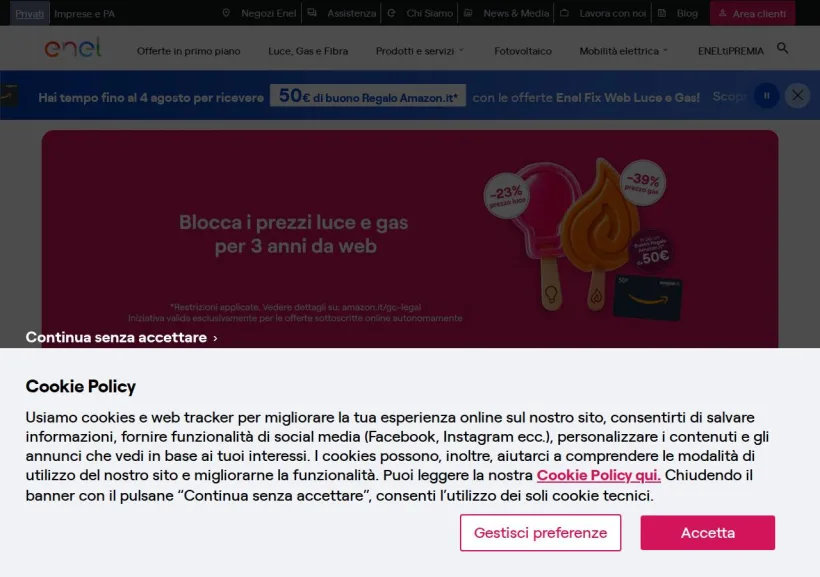Schermata della pagina offerta di Enel