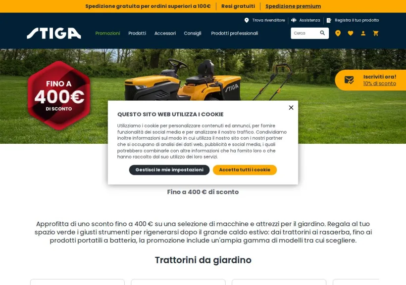 Schermata della pagina offerta di STIGA
