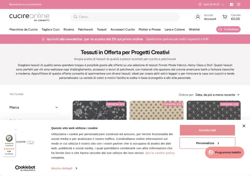 Schermata della pagina offerta di Cucire Online