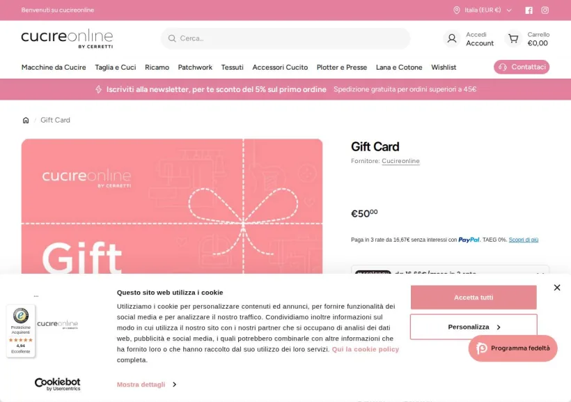Schermata della pagina offerta di Cucire Online