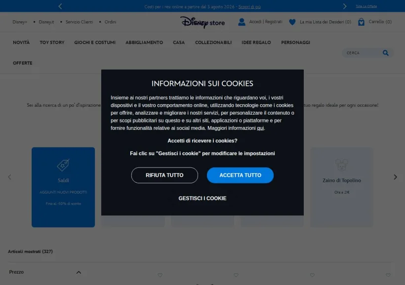 Schermata della pagina offerta di Shop Disney