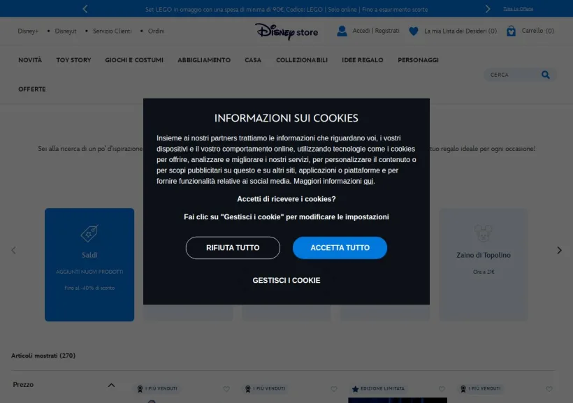 Schermata della pagina offerta di Shop Disney
