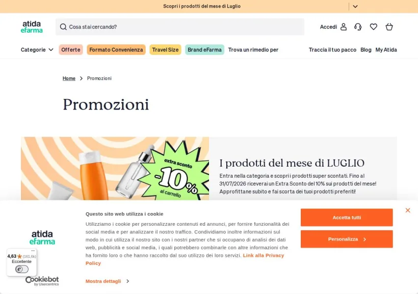 Schermata della pagina offerta di eFarma