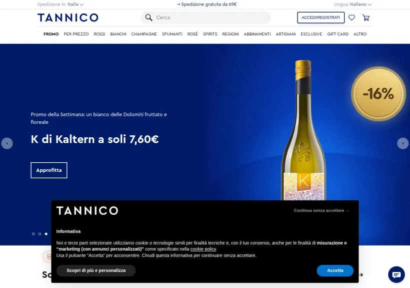 Schermata della pagina offerta di Tannico