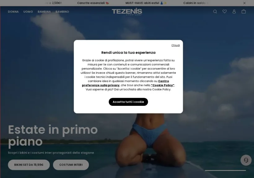 Schermata della pagina offerta di Tezenis
