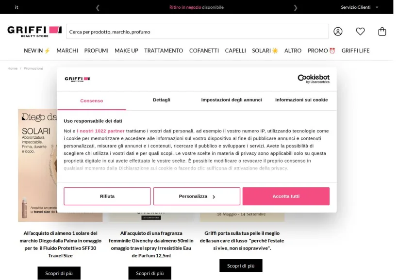 Schermata della pagina offerta di Griffi