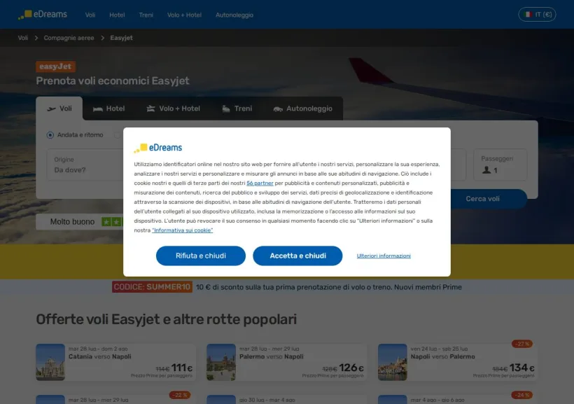 Schermata della pagina offerta di eDreams