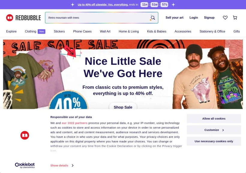 Schermata della pagina offerta di Redbubble