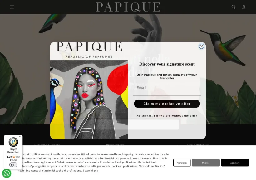Schermata della pagina offerta di Papique
