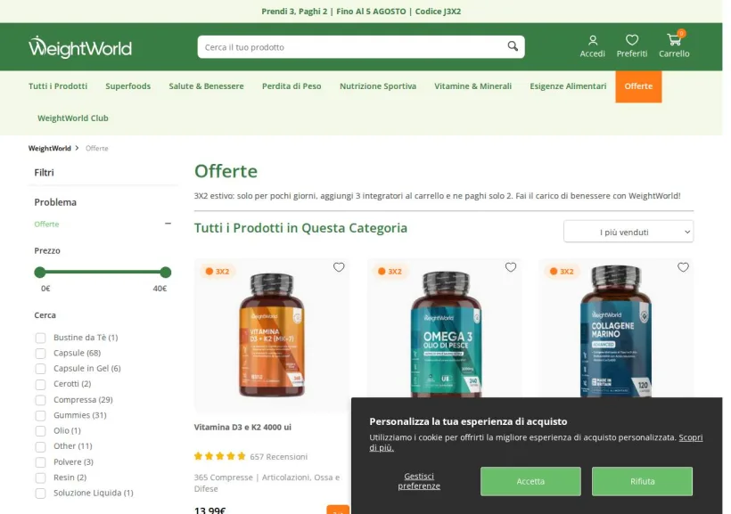 Schermata della pagina offerta di WeightWorld