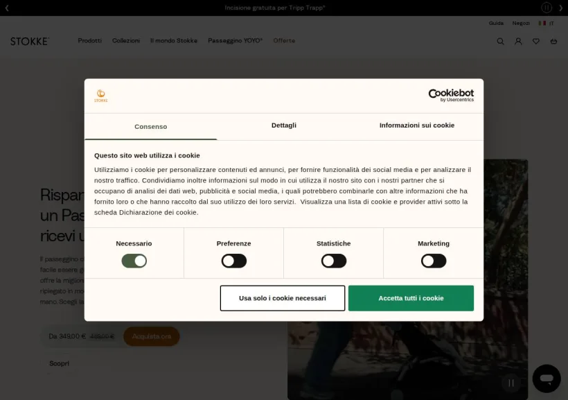 Schermata della pagina offerta di Stokke