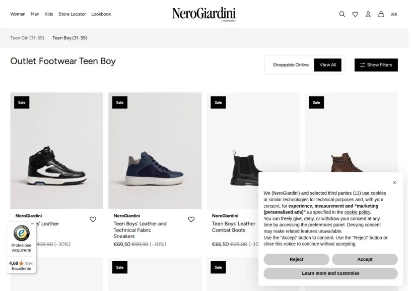 Schermata della pagina offerta di NeroGiardini
