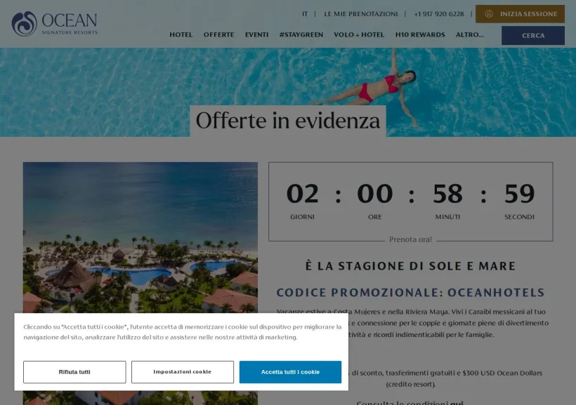 Schermata della pagina offerta di Ocean Hotels