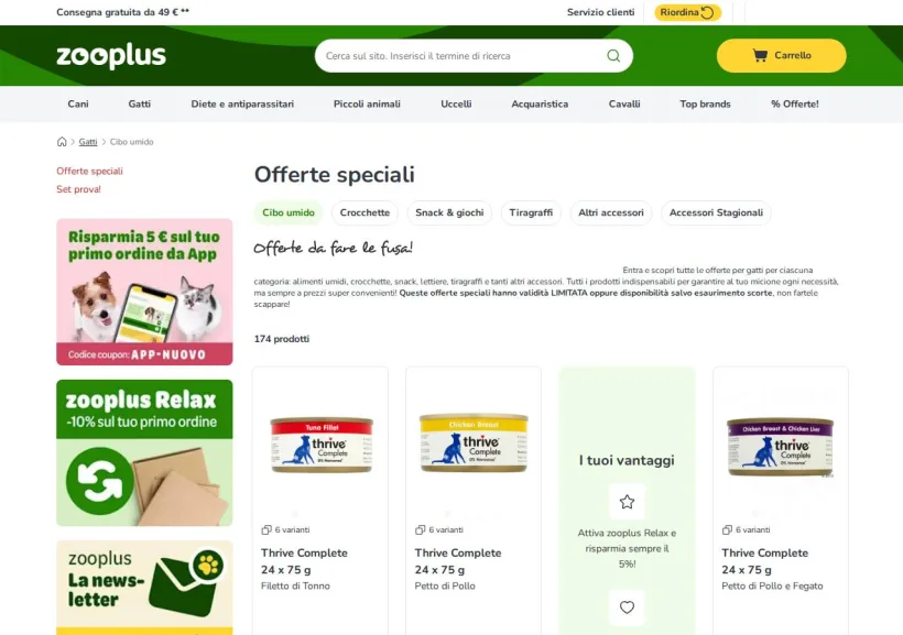 Schermata della pagina offerta di Zooplus
