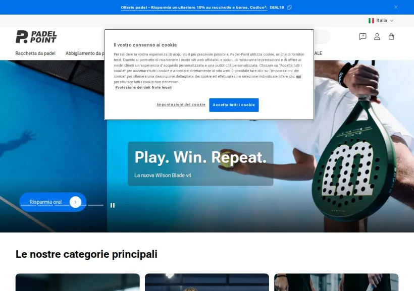 Schermata della pagina offerta di Padel-Point