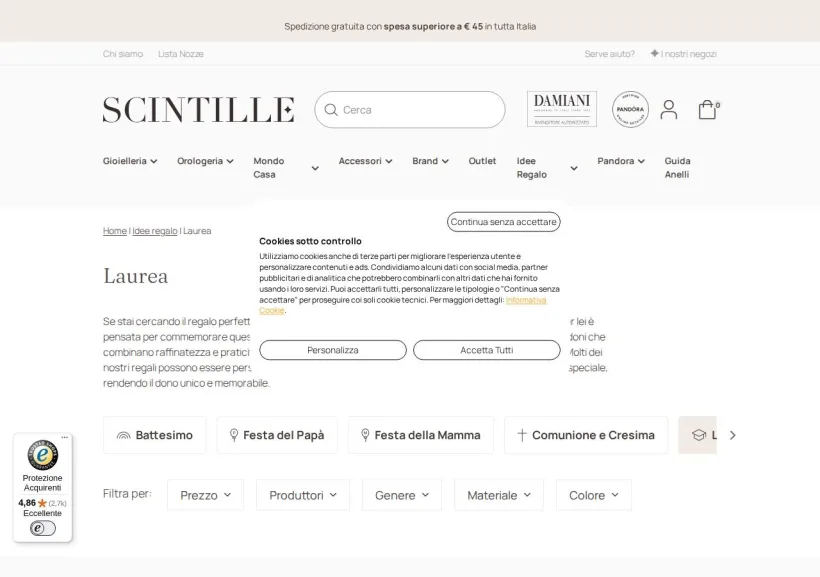 Schermata della pagina offerta di SCINTILLE