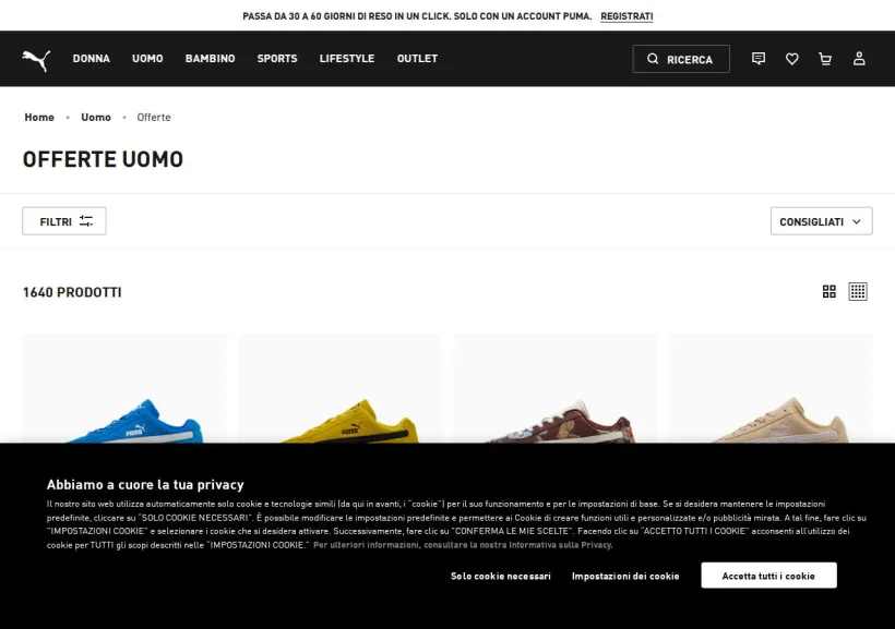 Schermata della pagina offerta di PUMA