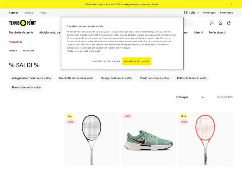 Schermata della pagina offerta di Tennis Point