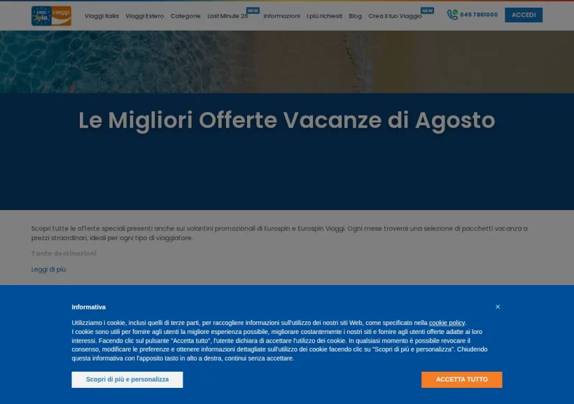 Schermata della pagina offerta di Eurospin Viaggi