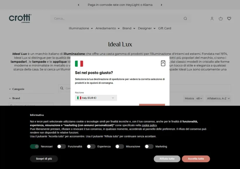 Schermata della pagina offerta di Crotti Lampadari