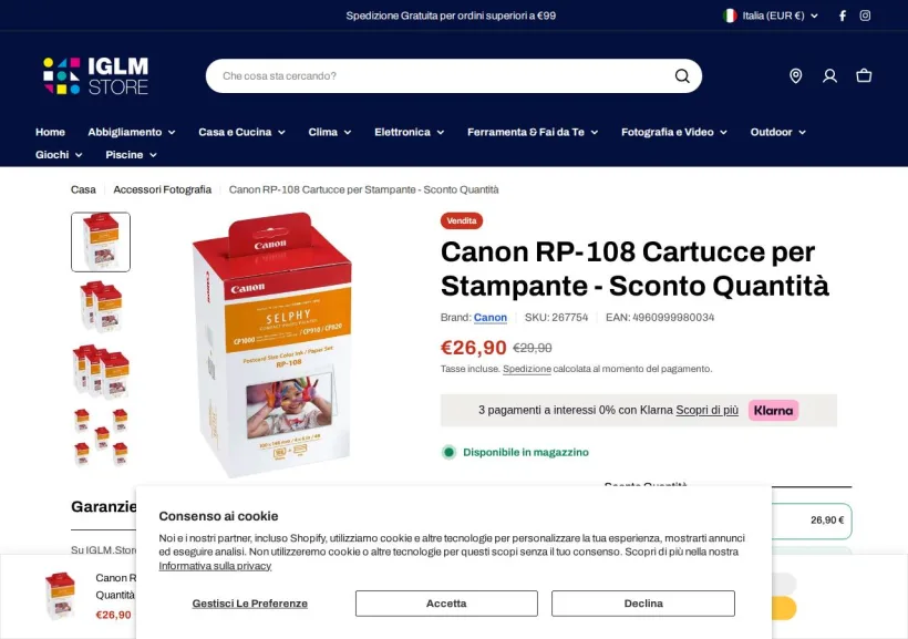 Schermata della pagina offerta di IGLM Store