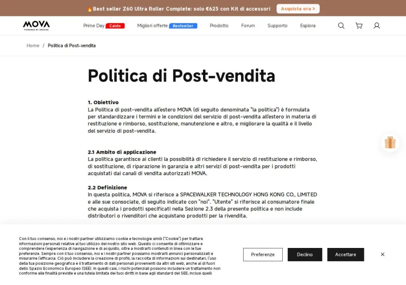 Schermata della pagina offerta di Mova
