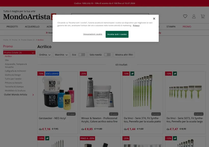 Schermata della pagina offerta di Mondo Artista