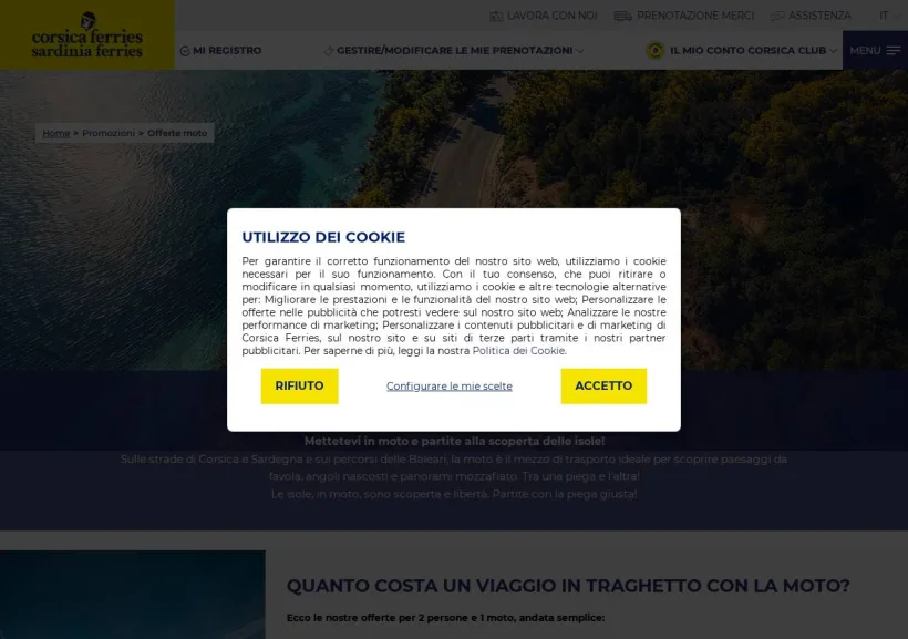 Schermata della pagina offerta di Corsica Ferries