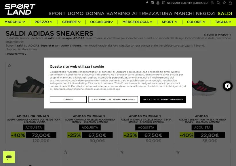 Schermata della pagina offerta di Sportland