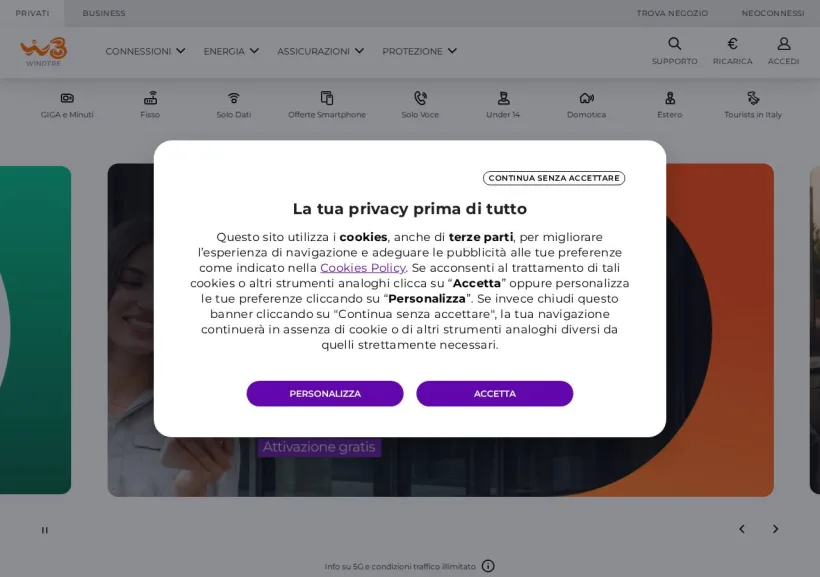 Schermata della pagina offerta di Wind Tre