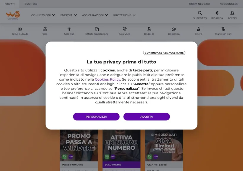 Schermata della pagina offerta di Wind Tre