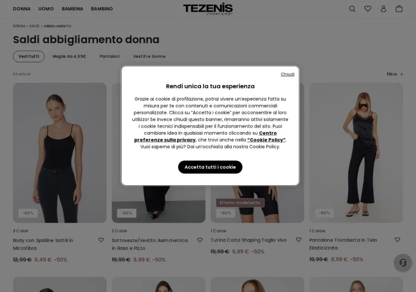 Schermata della pagina offerta di Tezenis