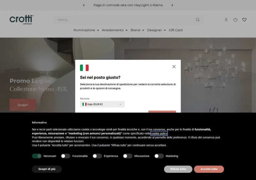 Schermata della pagina offerta di Crotti Lampadari