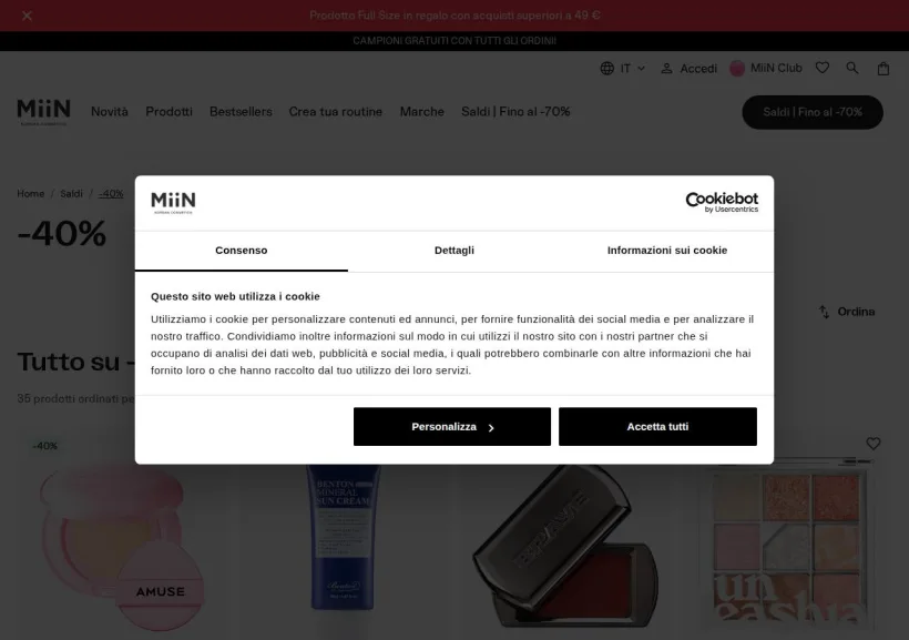 Schermata della pagina offerta di Miin Cosmetics