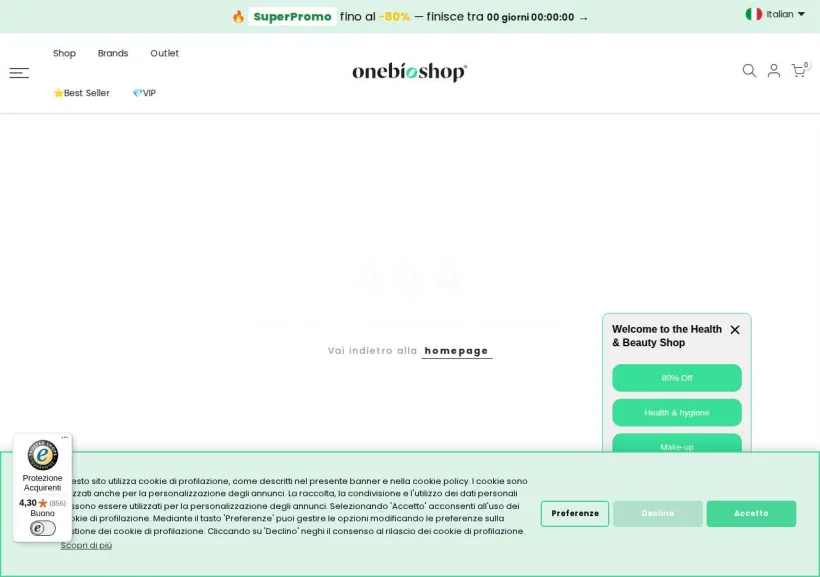 Schermata della pagina offerta di OneBioShopITA